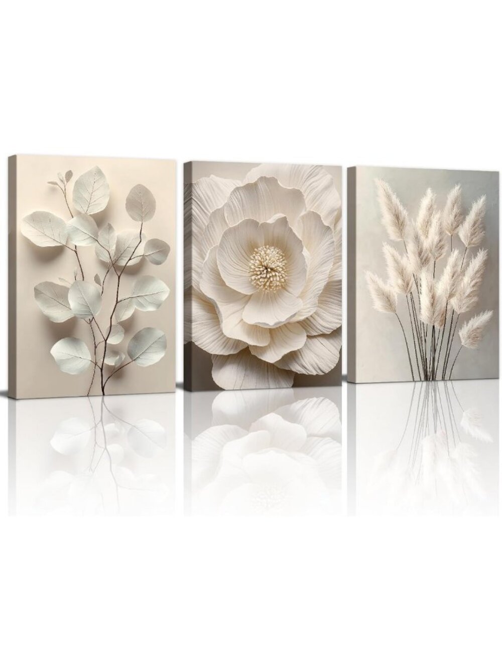 Floral Botanical Canvas Wall Art Set - 3 Pieces, Beige, 20"x28" Decor